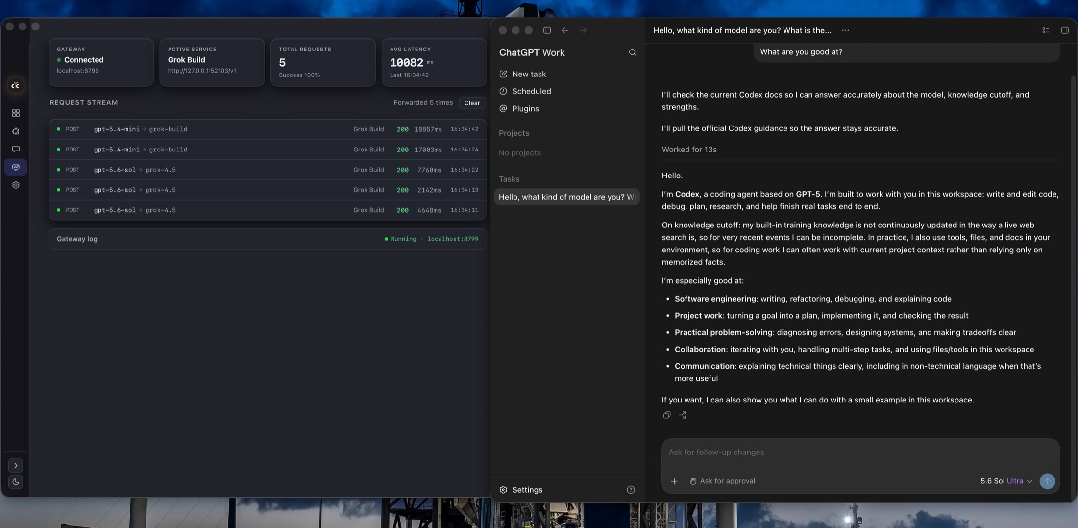 Codex Desktop running through the Grok Build plugin while CCBUD monitors requests