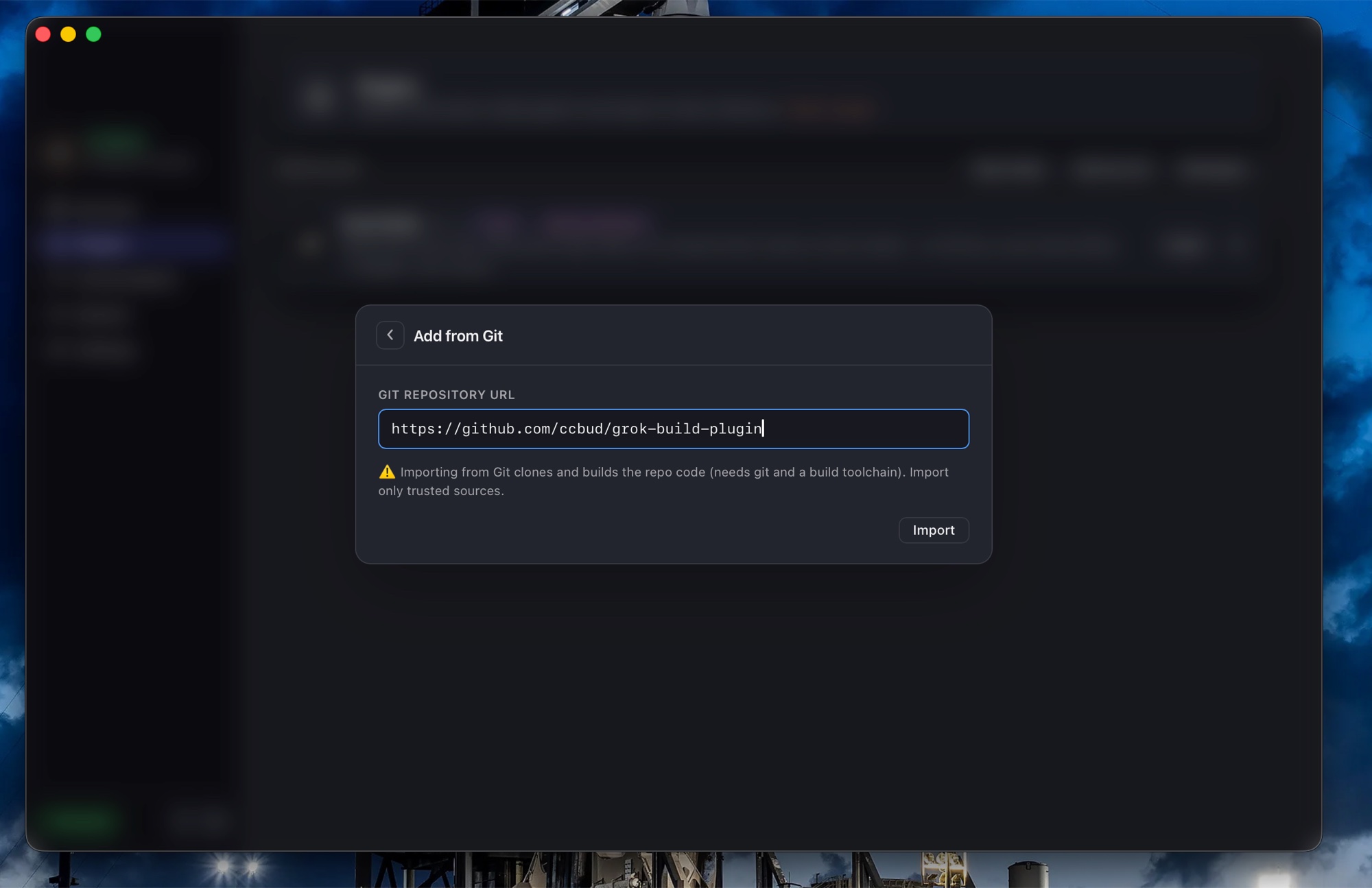 CCBUD Add from Git dialog with the Grok Build repository URL entered